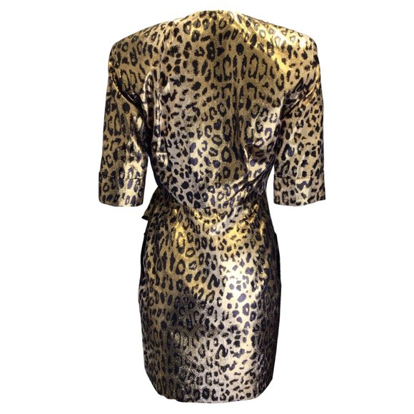 SARA BATTAGLIA GOLD METALLIC / BLACK LEOPARD PRINTED WRAP DRESS - Picture 3 of 4